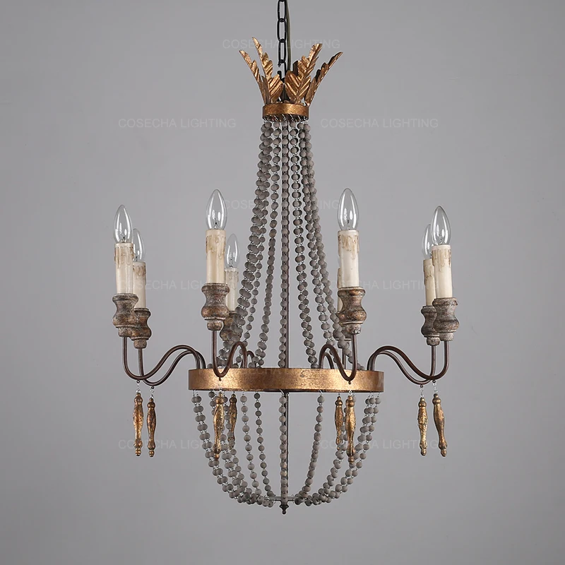 Винтажная люстра с серыми деревянными бусинами в стиле ретро золотой блеск