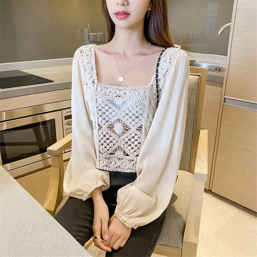 

2022 Spring Retro Boho Crochet Crop Top White Shirt Women Long Sleeve Elegant Blouse Ladies Loose Cropped Korean Blusa Mujer