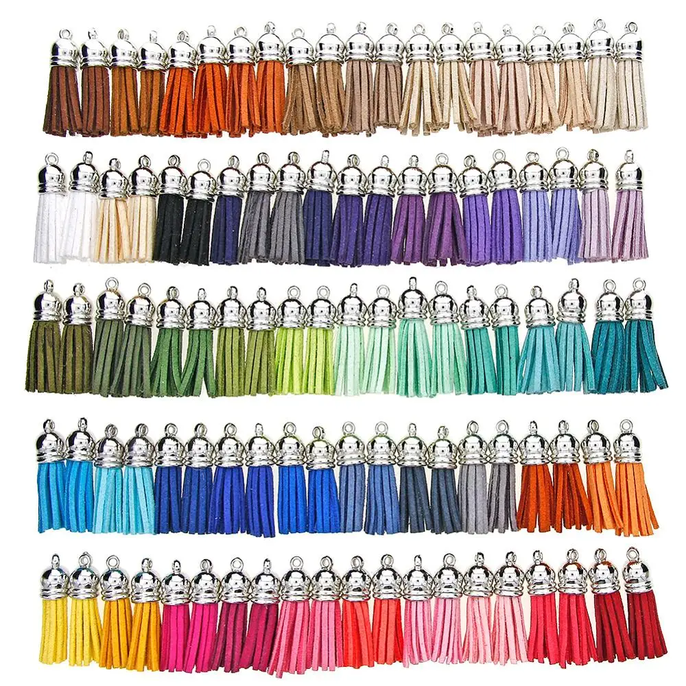 

100/60Pieces 40 mm Leather Tassel Pendants Jewelry Fiber Fringe Faux Suede Tassel with Caps for Keychain Straps DIY Accessories
