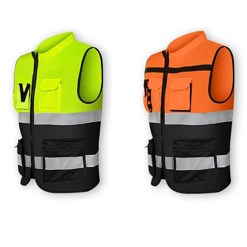 

Multi-pockets High Visibility Zipper Front Safety Vest with Reflective Strips Bicycle and Motorcycle Riding Multipurpose W91F