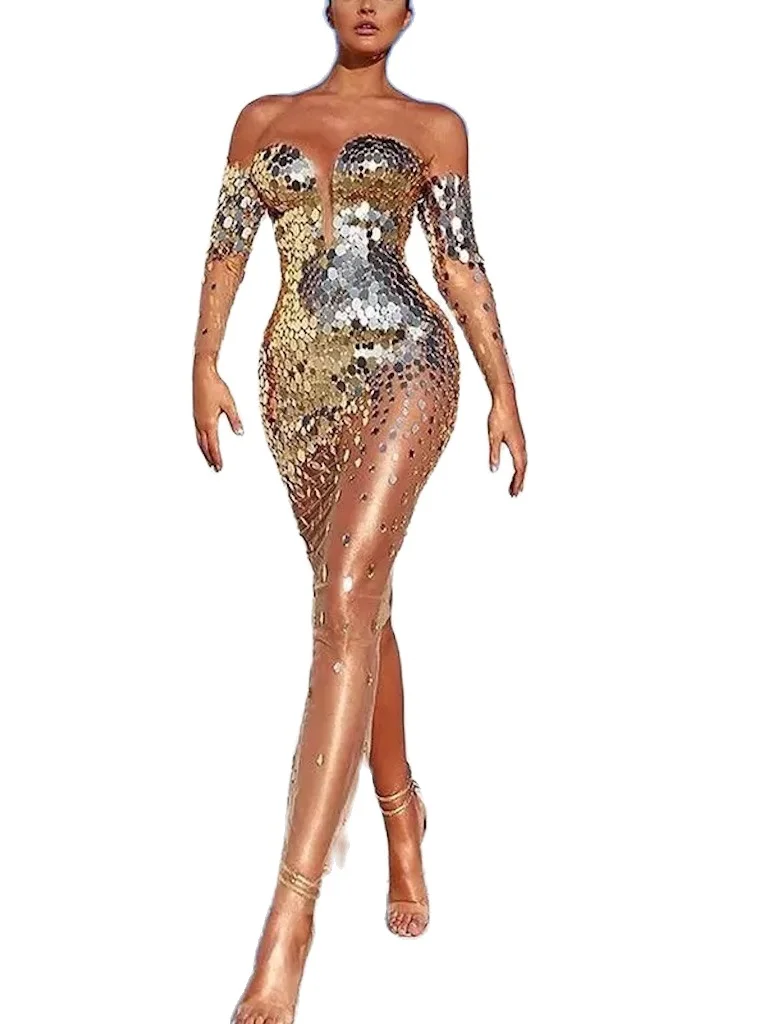 Летнее сексуальное платье без бретелек с блестками Женская золотистая