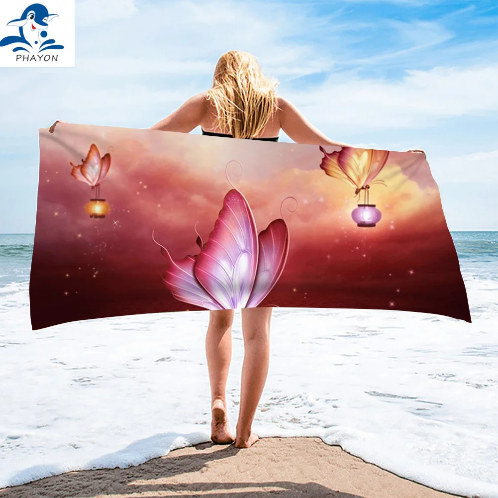 

PHAYON Pink Butterfly Beach Towel For Adult Quick-dry Microfiber Bath Towels Beach Cushion Girl Surf Robe Blanket Sport Towels