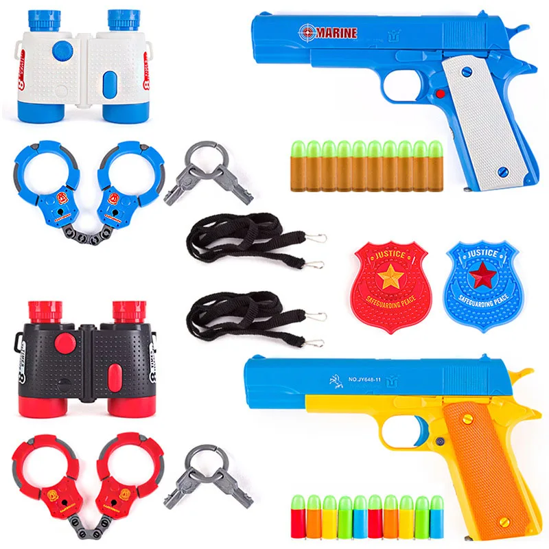 

Prop Cosplay Police Toy Gun Set With 10pcs Soft Rubber Noctilucent Bullets Handcuffs Telescope Badge Boys Girls Kids Adults Toys