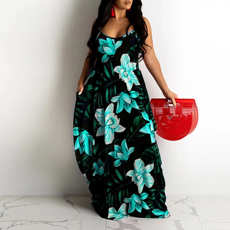 

Casual Women Loose Sling Beach Dresses Summer Elegant Flower Print Long Party Dress Lady Sleeveless Vintage Maxi Dress Vestidos