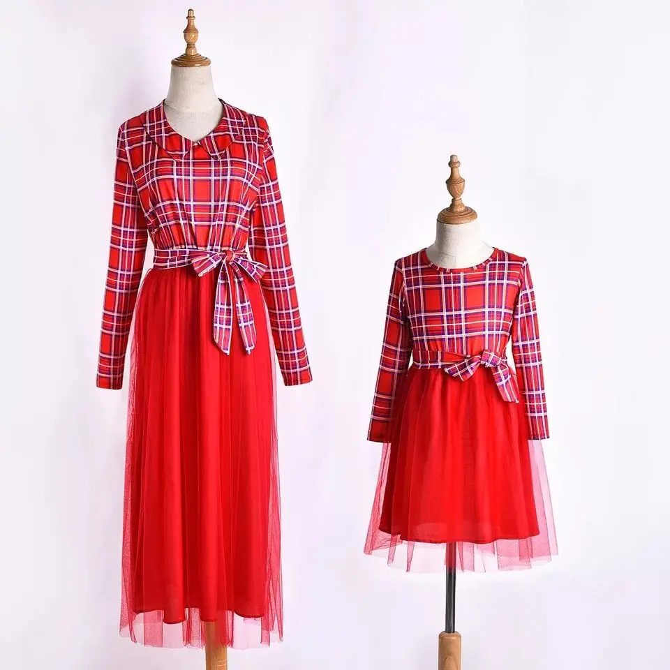 

Mother Daughter Long-Sleeve Dresses Red Plaid Bow Tulle Ladies Girls Vestido Mommy and Me Dresses Mommy and Me Clothes