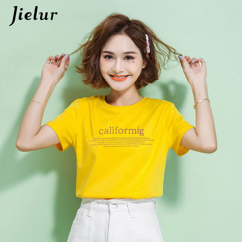 Jielur новые женские футболки 2021 для отдыха Цвет черный белый желтый Большие