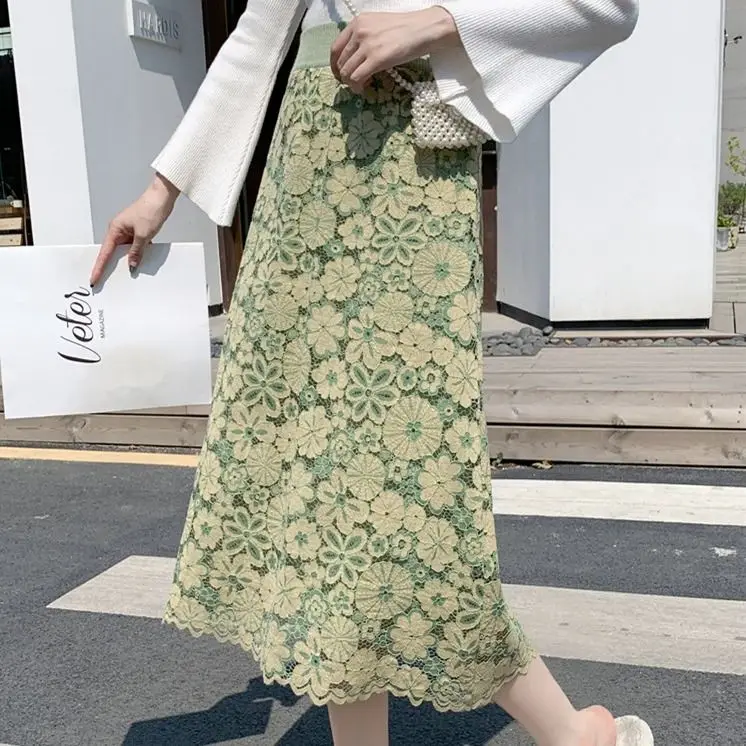 

Reversilble Knitted Skirt Women's Wool Skirt 2021 New High Waist Lace Midi Skirt One Step A-line Long Skirt For Women