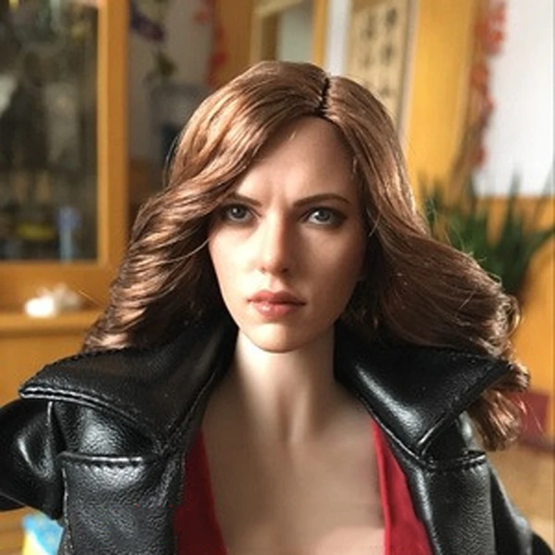 

1/6 Black Widow Woman Scarlett Johansson Female Girl Head with Brown Curly Carving Sculpt Model Toys for 12" Action Figure
