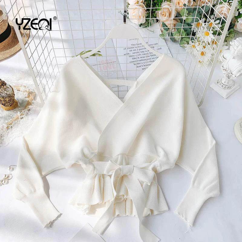 

Yzeqi Summer Fashion Sexy V-neck Women Blouse Waist Tight Lotus Leaf Female Short Tops Bat-sleeve Stretch Slim Backless Shirt