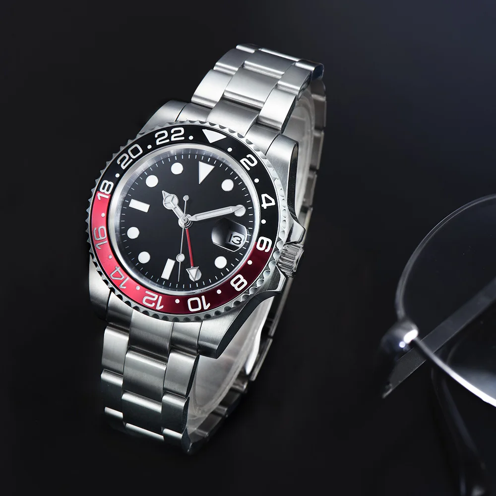 Мужские часы GMT 40 мм стальной ремешок вращающийся Безель автоматический черный