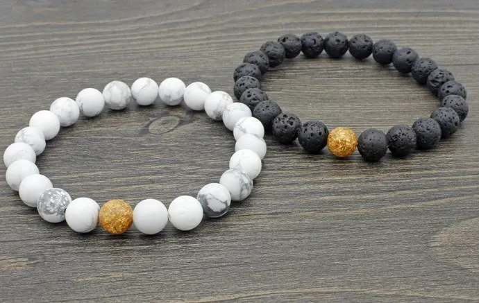 

8mm xu4324 Reiki Chakra black stone volcanic lava Bracelet elastic white Howlite Buddha Yoga Charm stone bead Bangles