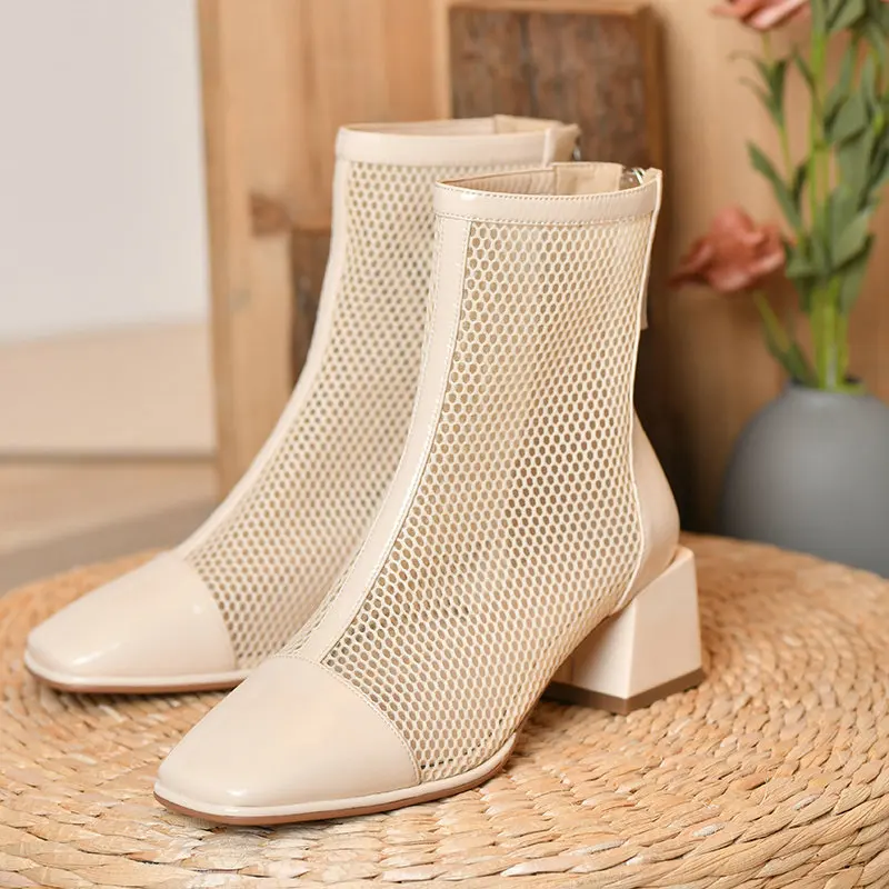 

QUTAA 2021 High Heel Zipper Ankle Boots Sheepskin High Quality Women Shoes Summer Cut Outs Mesh Short Boots Size 34-39