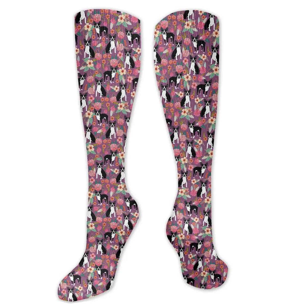 

Boston Terrier Purple Vintage Florals Compression Socks For Women Men Plus Size Wide Calf For Nurses Running Athletic