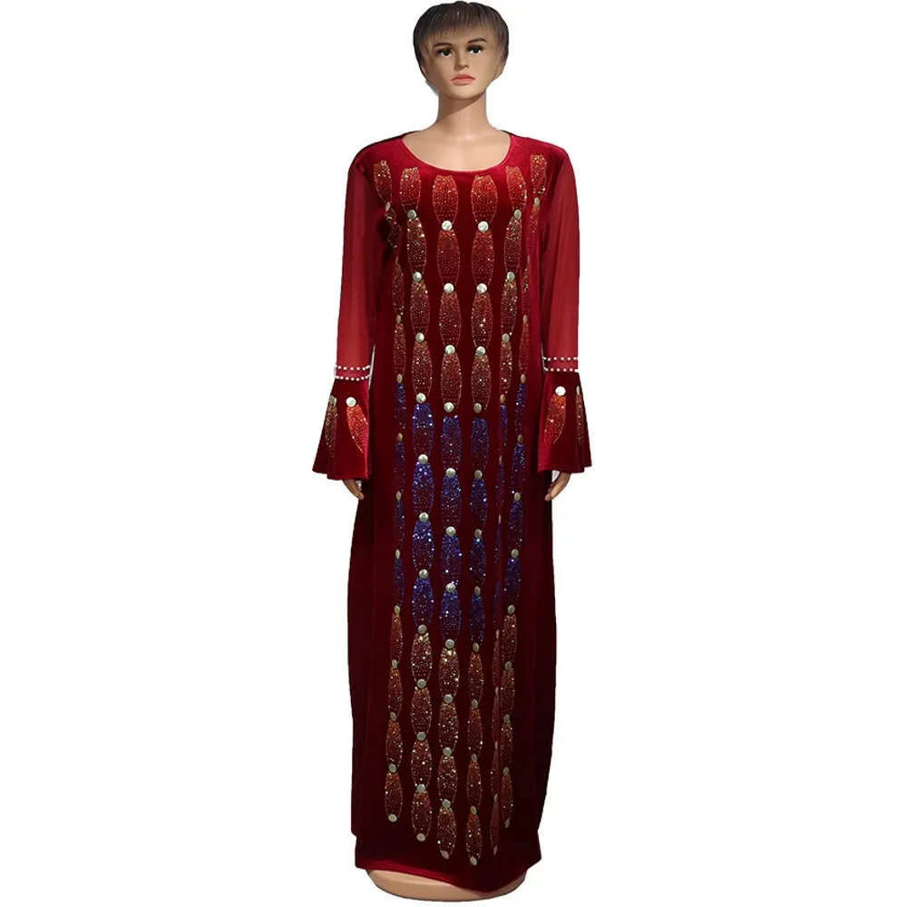 Бархатные платья для женщин, новинка 2021, модное осенне-зимнее платье Дашики с длинным рукавом, эластичное платье макси с бусинами, женское п...