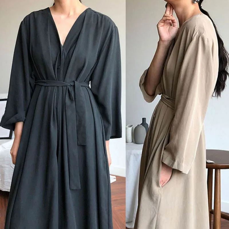 Платье ZANZEA женское с V образным вырезом повседневный однотонный длинный сарафан