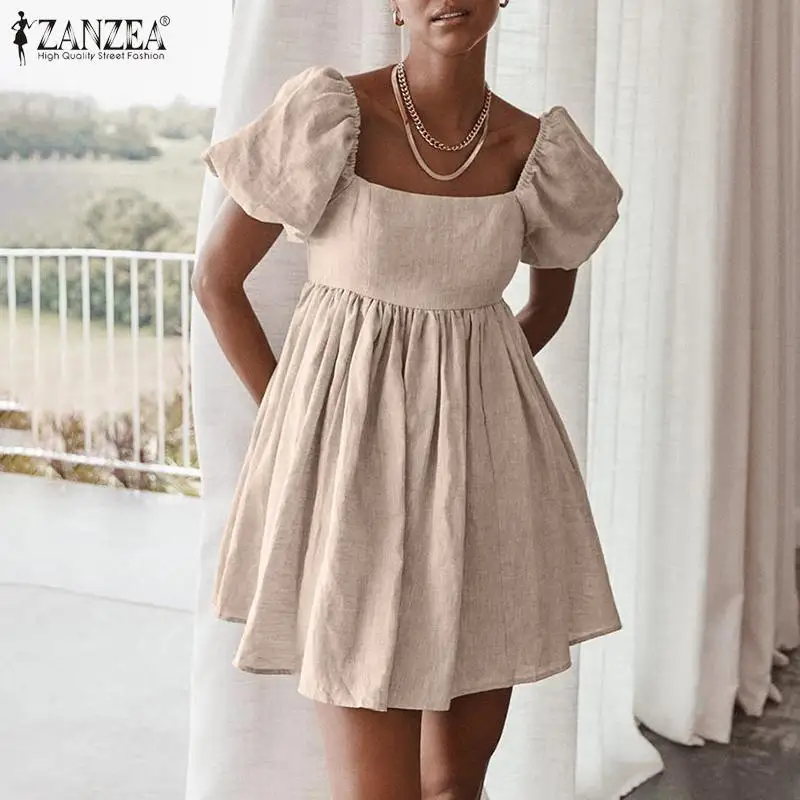 

Стильный вечерний пляжный халат, повседневное однотонное платье 2021 ZANZEA, летний Женский Повседневный Мини Сарафан, праздничные платья