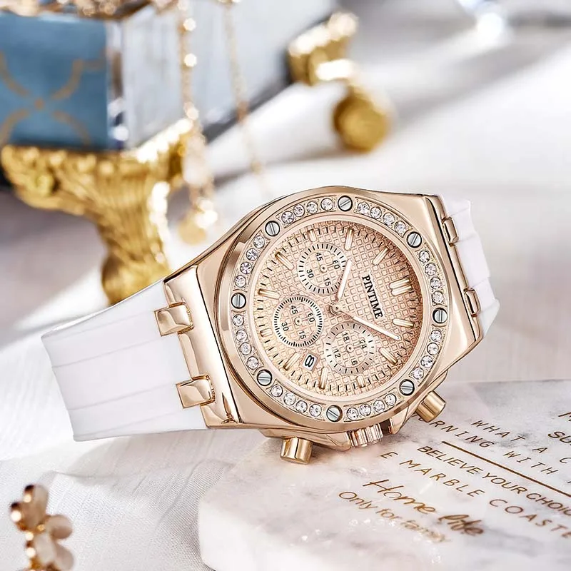 

PINTIME Quartz Three Dials Women's Wristwatches Waterproof Silicone Strap Casual Watches Women Calendar