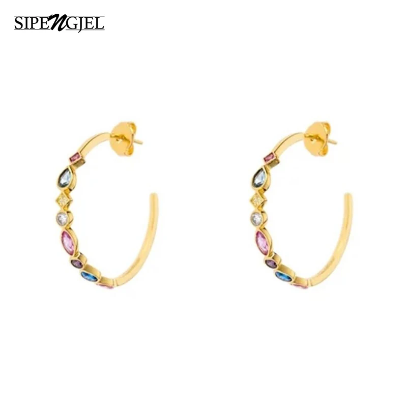 

SIPENGJEL Fashion Cubic Zircon Dainty Colorfed Piercing Earrings For Women Geometric Circle Earrings Rainbow Jewelry 2021