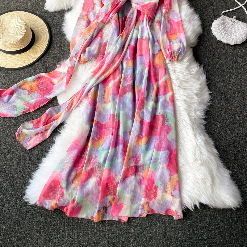 

Designer Spring Summer Dress Women Boho Style Chic Lace Up V Neck Party Vestido Robe Long Lantern Sleeve Ladies Dresses SL364