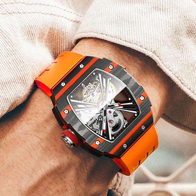 

HAOFA Tourbillon watch Skeleton watch sapphire waterproof luminous tonneau carbon brazing case orange silicone strap