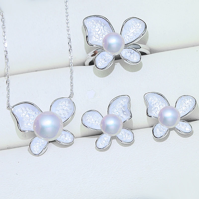 

MeiBaPJ New Fashion Real 925 Sterling Silver Butterfly Wedding Jewelry Set Natural Pearl Pendant Ring and Earrings for Women