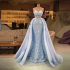 Светильник-голубое платье-Русалка для выпускного вечера 2022 со съемным шлейфом, кружевная вечерняя одежда с аппликацией из бисера, платья для официальной вечеринки