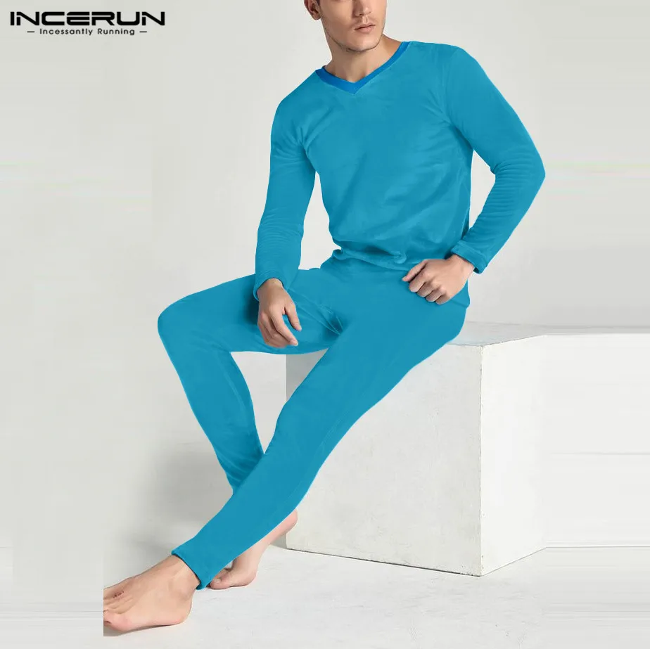 

Men Pajamas Sets Long Sleeve V Neck Nightwear Comfy Pants Soft 2021 Mens Sleepwear Sets 2PCS Solid Color Homewear S-5XL INCERUN