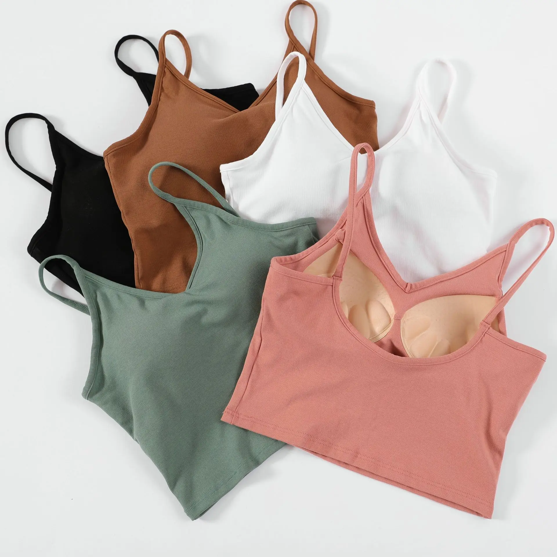 AMYO 2020 Summer Cotton Camisole Women Tshirt Camis with Built In Shelf Bra Adjustable Spaghetti Strap Vest | Женская одежда