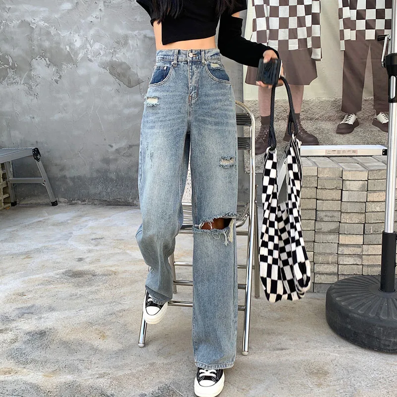 

Korean Chic Casual Hole Straight Loose Denim Women Trousers 2021 Autumn New High Waist Jeans Straight Ladies Wide Leg Pants