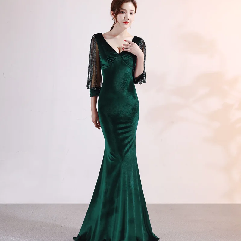 Осенне-зимние женские сексуальные бархатные вечерние платья с v-образным вырезом