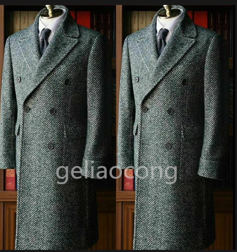 2021 Newest Gray Mens Suits Coat Tweed Peak Lapel Terno Masculino Herringbone Classic Men Suit Jacket Custom Made Long Blazer