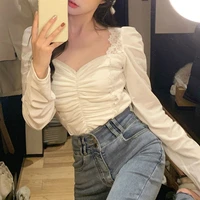 2022 spring new lace chiffon blouse women long sleeve square collar korean style elegant office shirts female slim chic y2k tops
