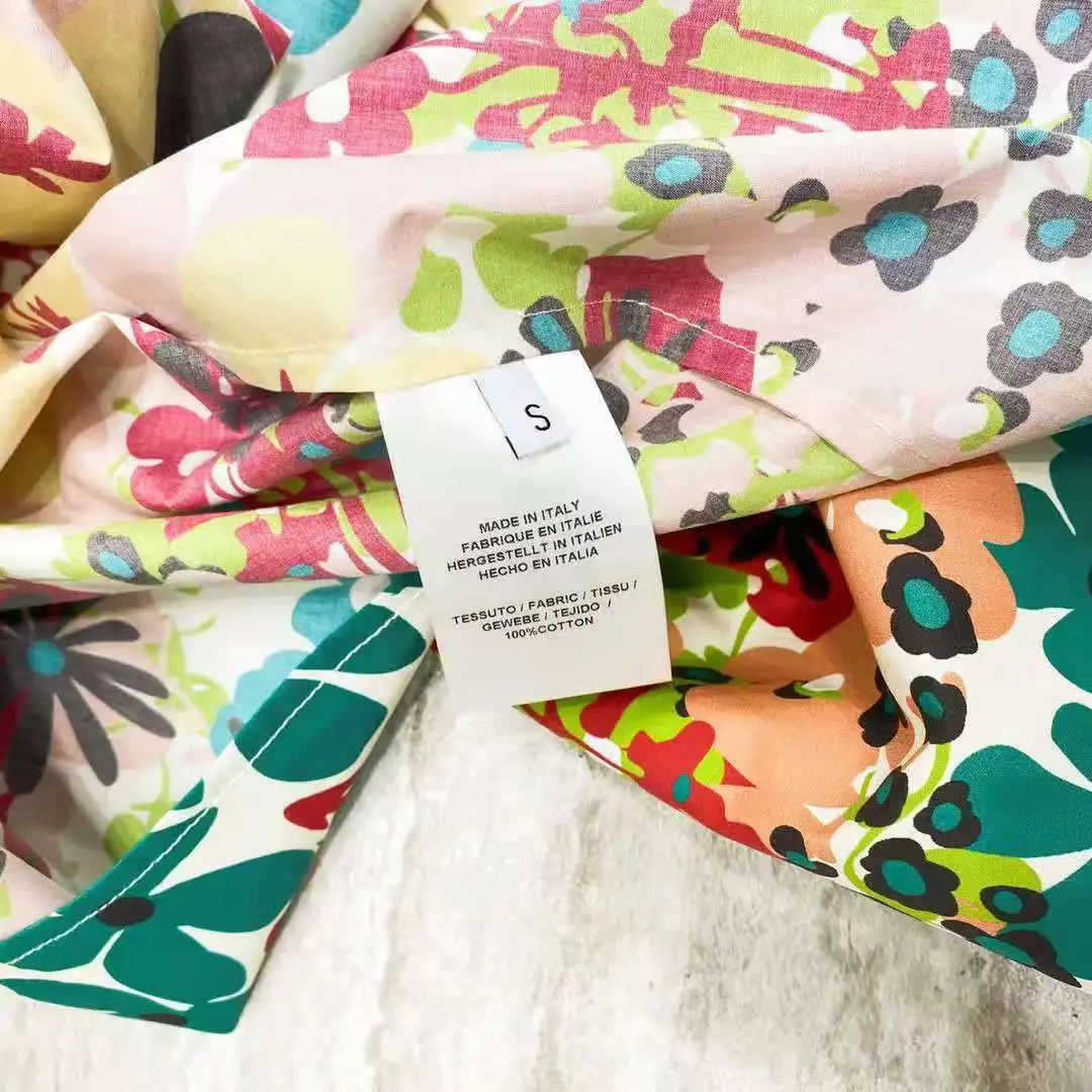 

AELESEEN 100% Cotton Women Summer Dress Runway Fasion Puff Sleeve V-Neck Flower Print Long Elegant Party Dress With Blet