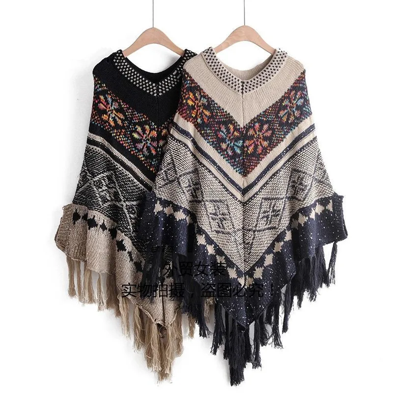 

Ethnic Style Tassel Color Matching Mid-length Cape Shawl Women's Sweater Plus Size Irregular Bat Shirt Sweater Coat