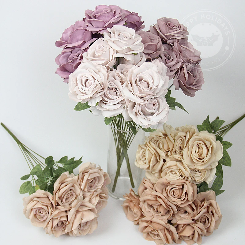 

10 Flowers/Bunch Vintage Roses Coffee Bean Paste Purple Grey Pink Silk Bouquet For Birthday Party Wedding Decoration Room Layout