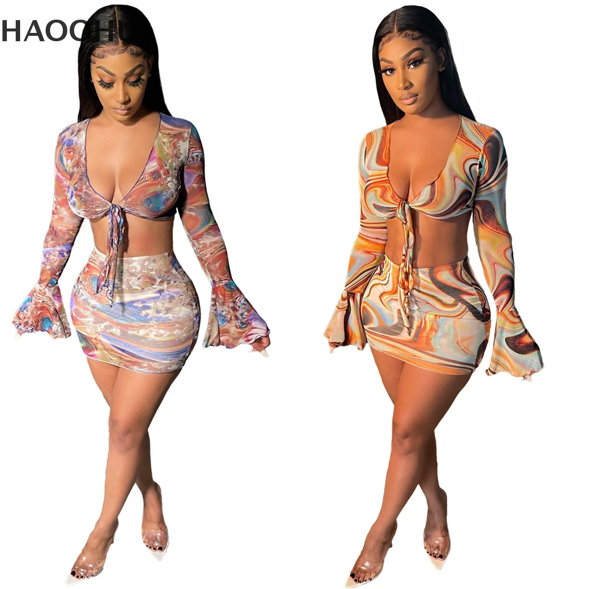 

HAOOHU Cross-border Foreign Trade Women's new Summer Fashion Casual Mesh Printing Beach Sexy Trumpet Sleeve Suit