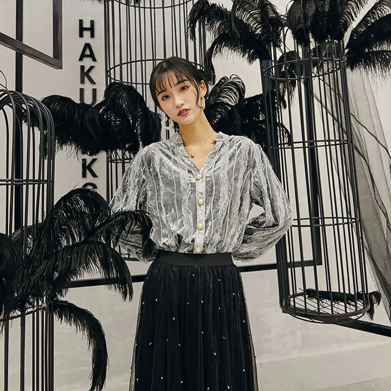 CHEERART V Neck Velvet Blouse Long Sleeve Lace Patchwork Ladies Top Vintage Fall Korean Fashion Clothing | Женская одежда