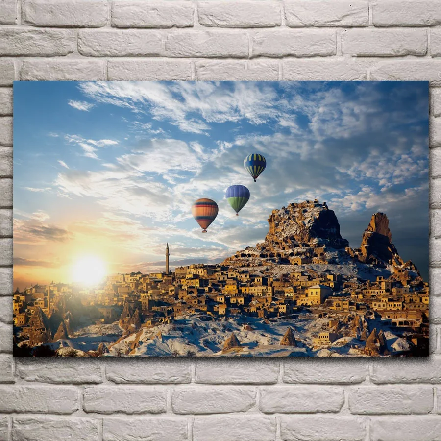 

Cappadocia buildings scenic surise hot air balloons fabric posters on the wall picture home living room decoration bedroom KL446