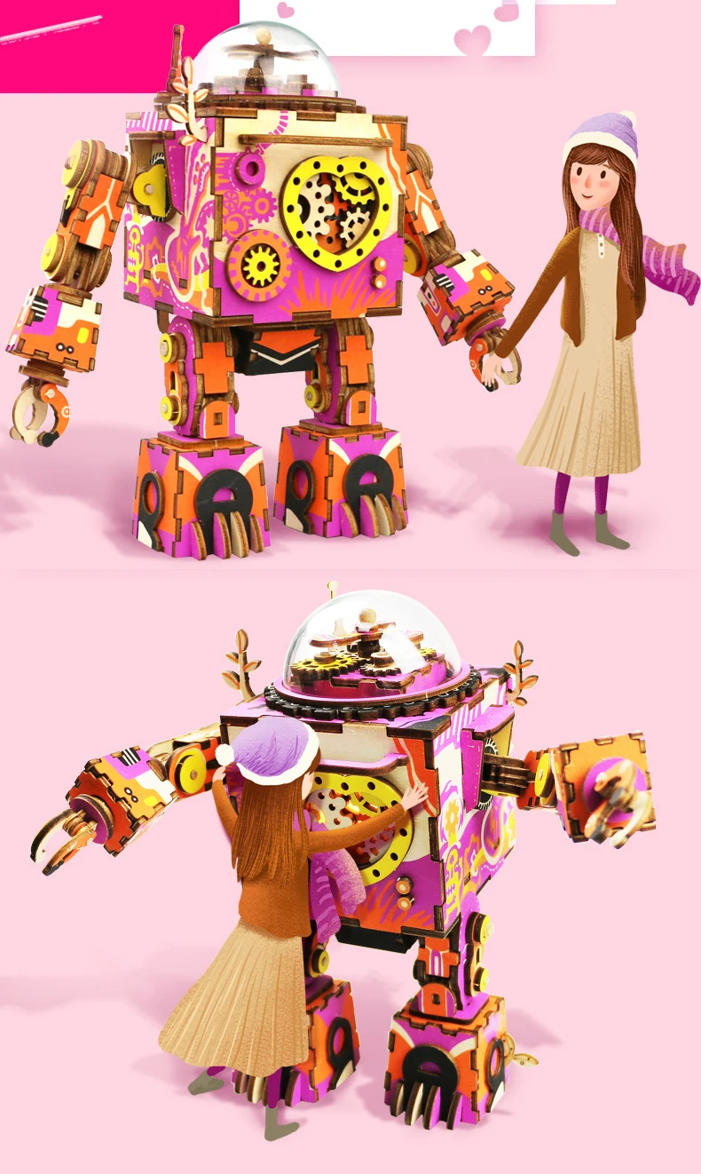 Diy Music Box Three-Dimensional Puzzle Wooden Toy Creative Space Series Model Robot Music Box Gift Double Color Optional