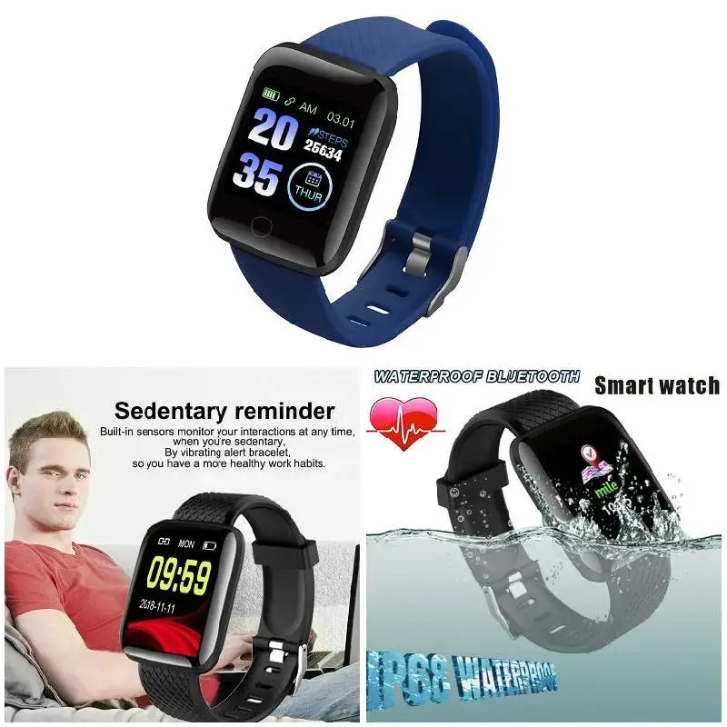 116 plus color screen smart watch heart rate blood pressure waterproof fitness tracking watch mens sports bracelets free global shipping