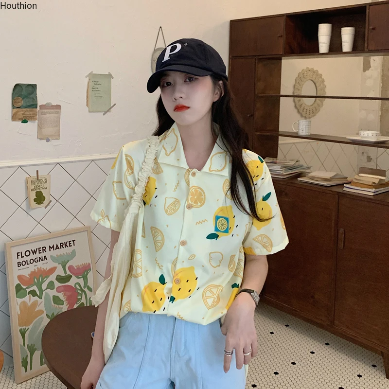 

Chiffon Loose Women's Blouse New Fashion Blouses Casual Short Sleeve Blusas Lemon Print Polo-collar Shirts Summer Houthion