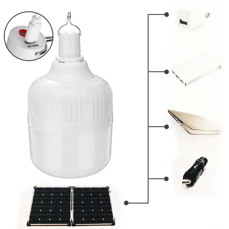 

20W/40W/80W/100W/150W Solar Charging Light Bulb with 5 light Modes 5V LED Bulb With USB Cable for Outdoor Camping Use