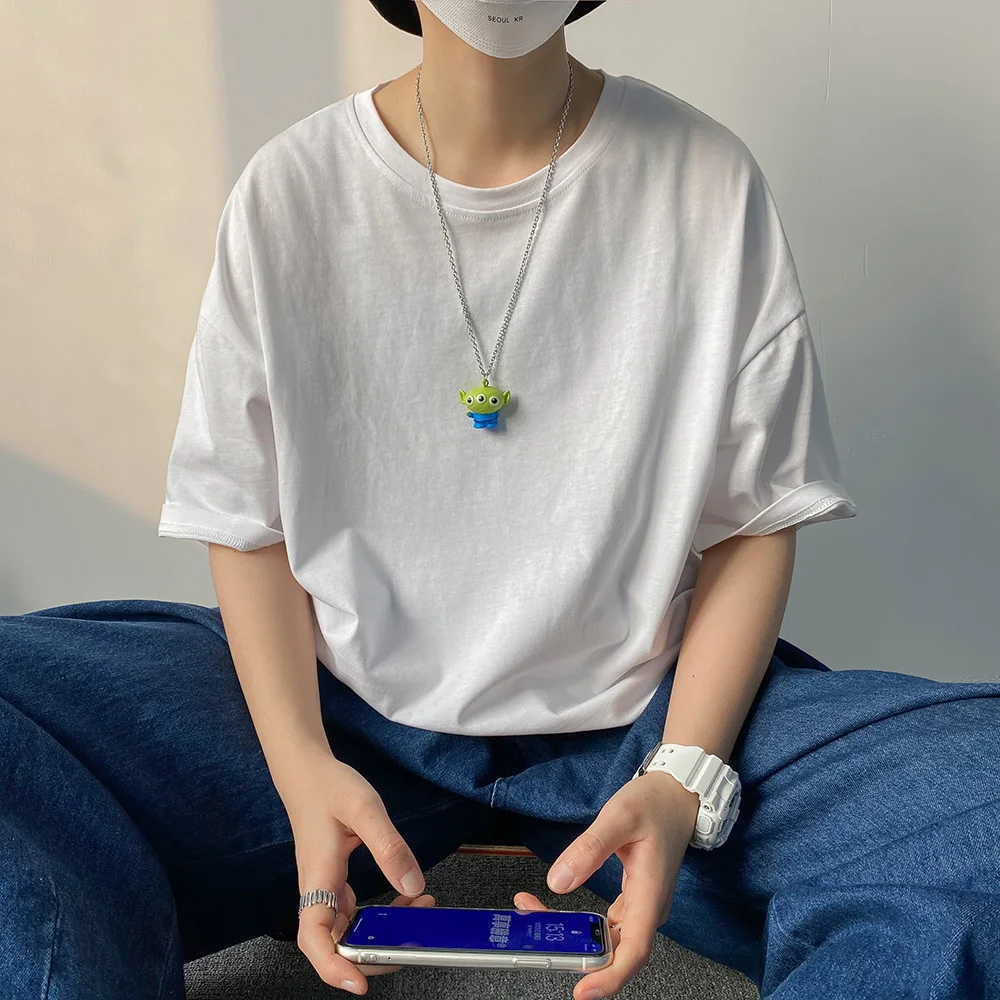 

Men's T-shirt Summer Fashion 100% Cotton Men's Short Sleeve Top Loose Hip Hop Street Style Falling Shoulder Solid Color T-shirt