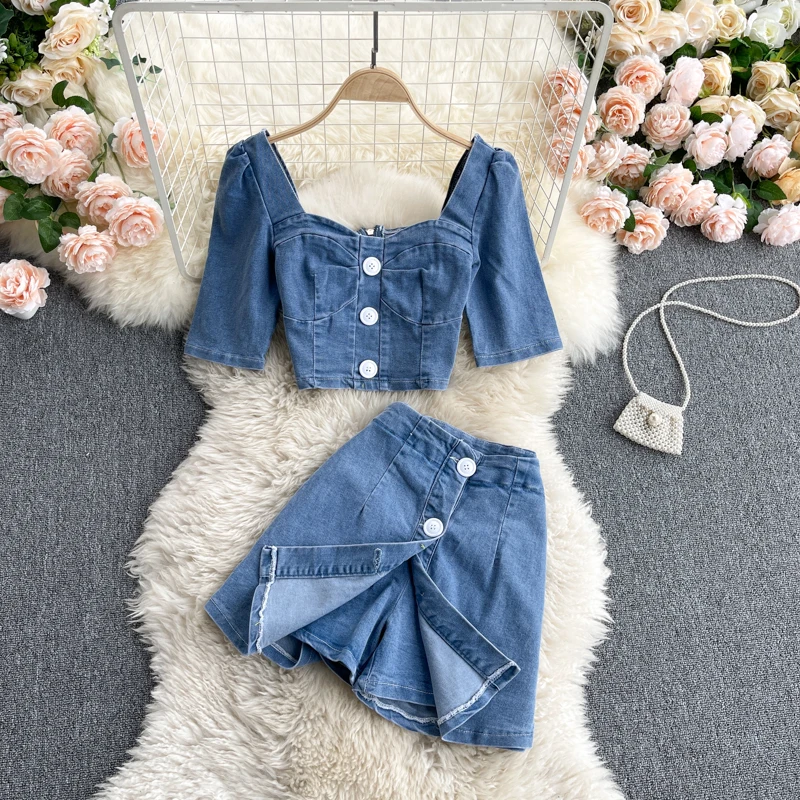 

Women Fashion Sexy Square Neck Short Sleeve Short Crop Tops + High Waist Single Breasted A-line Shorts Skirt Two Piece Sets R706