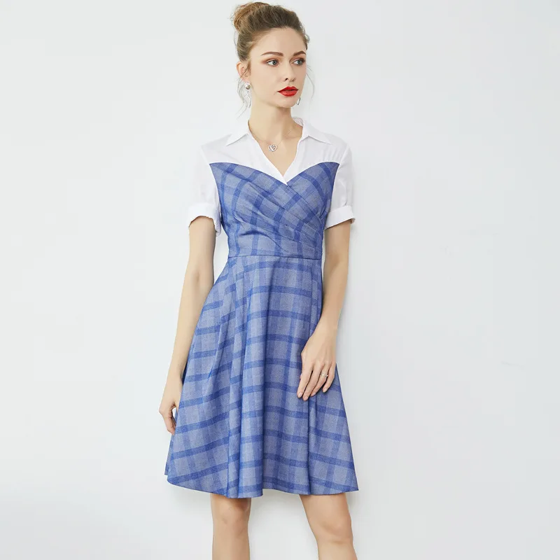 

Платье летнее женское отложной воротник короткий рукав пэчворк клетчатое модное приталенное ТРАПЕЦИЕВИДНОЕ элегантное платье выше колен ...