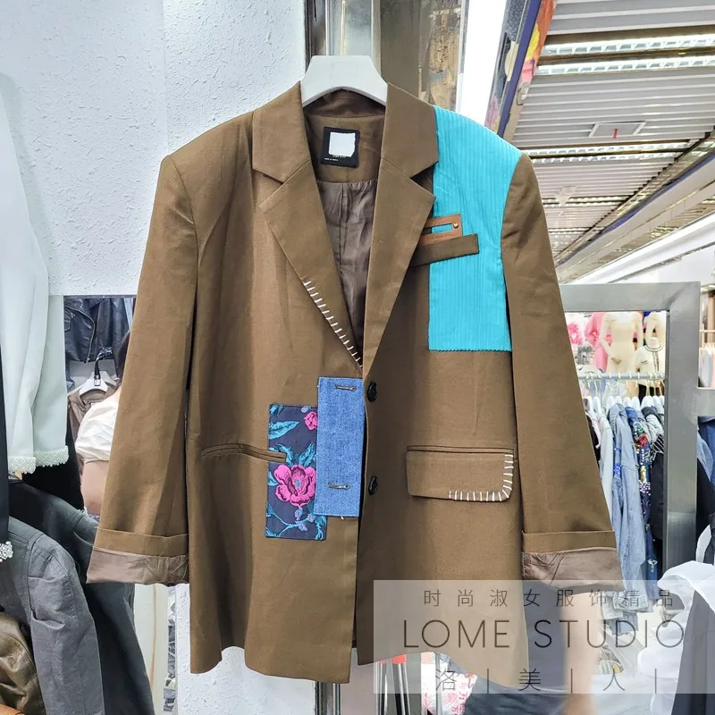 

Retro British Style Women Jackets 2021 New Autumn Turn Collar Patch Color Block Loose Long Sleeve Female Tailored Suit Coat