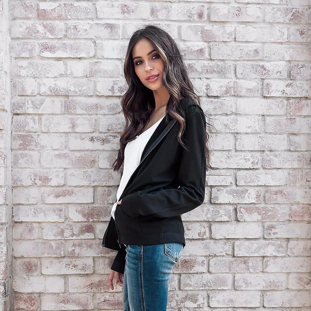 Женские свободные топы с длинным рукавом пальто капюшоном на молнии спереди