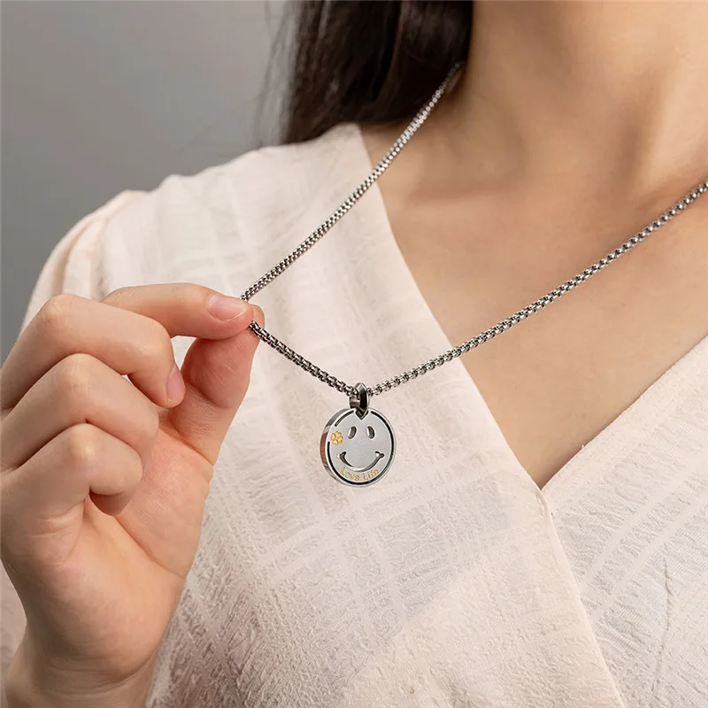 

New Face Smile Love Life Necklaces Pendant Chain Necklace Man Collier Femme Stainless Steel Necklace for Women Man Family