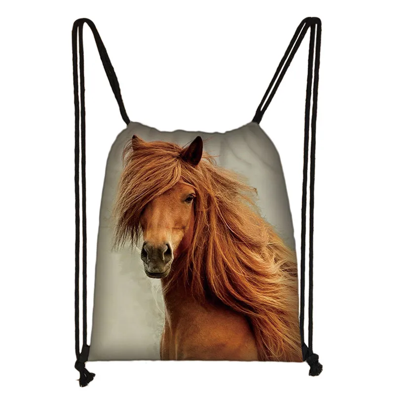 SKD-M0023 elegent animal horse print drawstring bag women men storage bag fashion rucksack cute pony boys girls backpack kids bookbag gift - Цвет: SKD-M0023
