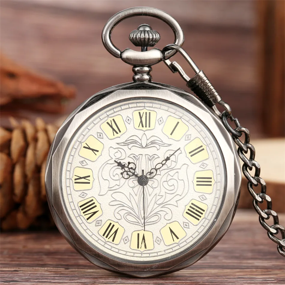 Silver/Black Manual Mechanical Pocket Watch Exquisite Roman Numerals Round Dial Antique Pendant Hand Winding Timepiece Gift
